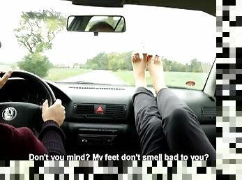 Her BIG smelly feet in car are a turn on (foot smelling, big feet, foot worship, teen feet, soles)