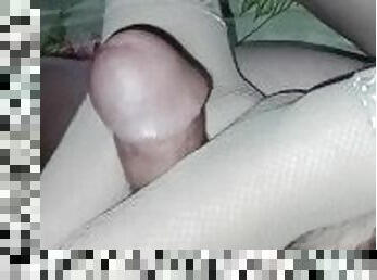 The wife jerked off her legs in beautiful socks, a lot of sperm on her legs and fingers
