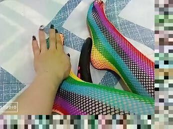 Foot fetish with sexy colorful stockings