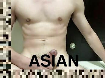 Muscular Asain boy doing push-up naked and have a huge cum after