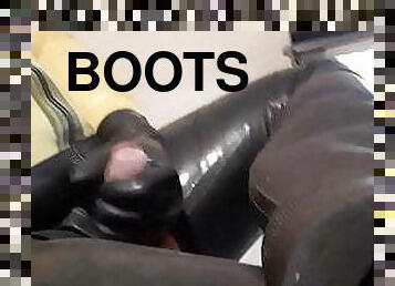 first time as latex gimp masturbate cum on rubber boots