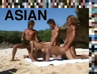 asiatisk, utomhus, anal, gruppsex, strand, kåt