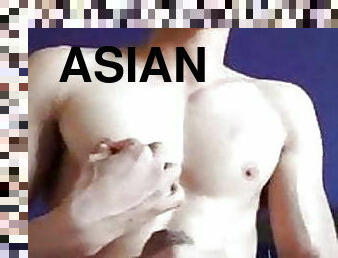 asiatique, masturbation, mamelons, énorme-bite, gay, secousses, musclé
