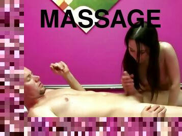 Masseuse mouth feels great on his hard dick during the massage