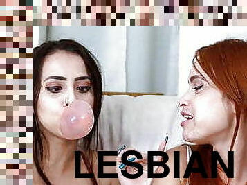 Lesbian Hotties kissing and chewing bubble gum