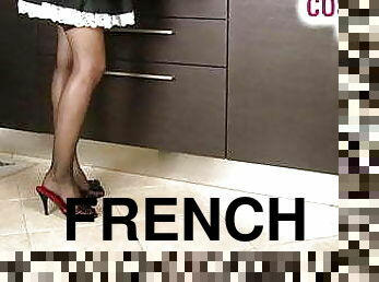 French Maid cosplayers in stockings show their nylon feet