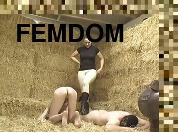 Mean mistress and her stable boy slaves