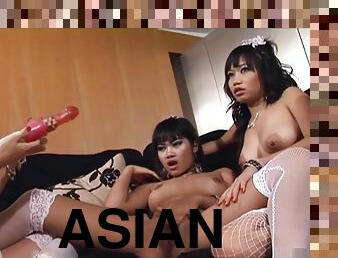 asiatique, gros-nichons, fellation, lesbienne, trio, brunette