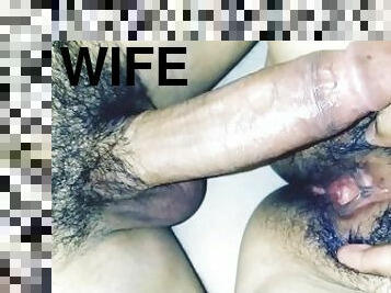 behåret, fisse-pussy, kone, amatør, milf, creampie, synsvinkel, snæver, brunette, pik