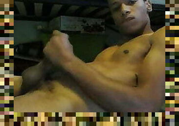 Black lean twink cums on his hot body