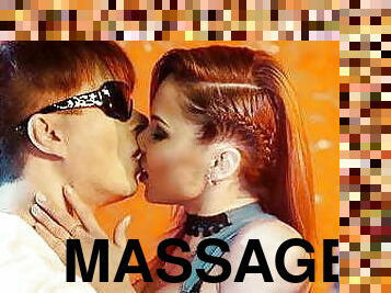 massage, par, kyssende, engel, latex, bikini, brunette, nylon, tatovering