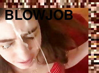 blowjob-seks-dengan-mengisap-penis, cumshot-keluarnya-sperma, berhubungan-dengan-wajah, sperma, berambut-cokelat