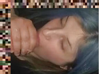 Blue haired freak drinks his cum