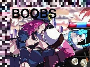 Vi Jinx e Caitlyn tendo uma orgia pública lésbica