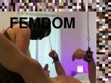 Femdom pegging sub chained to the ceiling till he cums