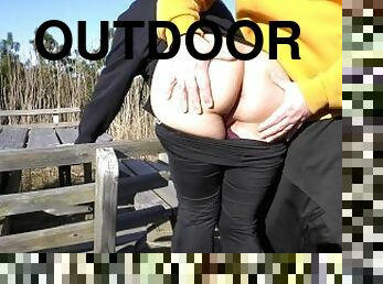 spontaneous outdoor fuck next to the neighbors - we love risky public sex with cum on pussy