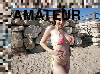 al-aire-libre, público, amateur, indio, playa, bikini, morena