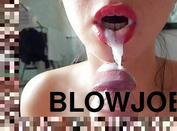 Gentle blowjob close-up with cum on lips