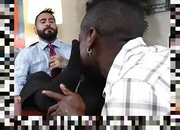 Kinky bearded businessman foot worshipped by black amateur
