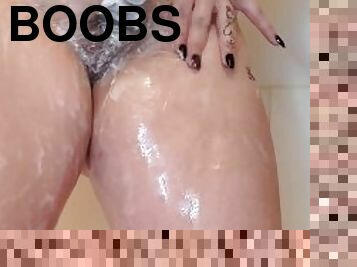 Shaving my pussy in the shower, then masturbating with the shower head