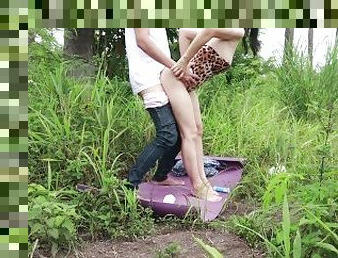 Couple walking in the forest and Fucking cum gets a creampie. Sex in a public park. ?????????????