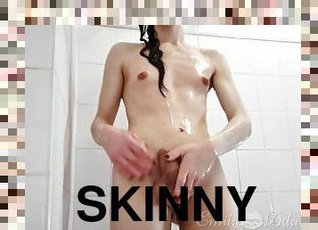 skinny trans girl with small tits filmed in the shower
