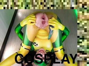 Rogue of X-Men cosplay monster dildo for tiny ass and pussy solo amateur