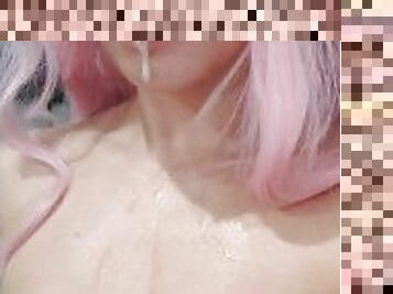 Pink Hair Asian Cosplayer Drools on her Small Tits