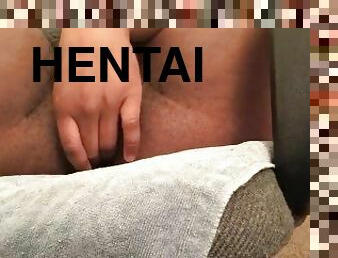 chubby boy rubs and fucks himself while watching hentai  FTM