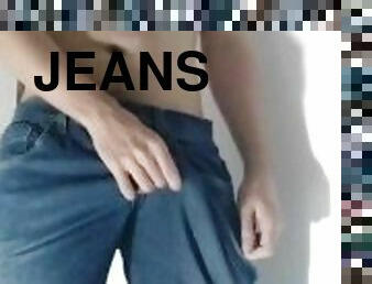 masturbação, pénis-grande, gay, sozinho, jeans, pénis