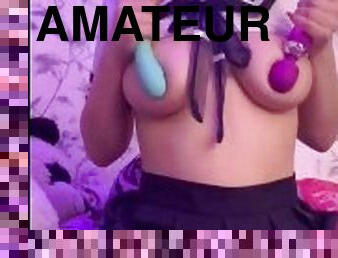 gros-nichons, masturbation, écolière, amateur, ados, jouet, sale, solo