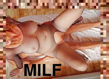 hårig, fitta-pussy, milf, creampie, rödhårig, strumpor, nätstrumpor, cowgirl