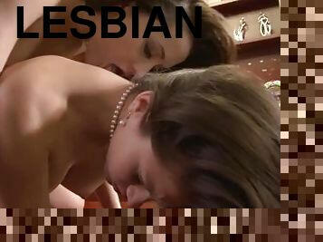 Hot crazy lesbian young slut lick each other pussies on a table