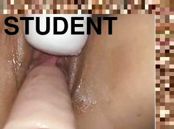 masturbação, orgasmo, estudante, amador, adolescente, brinquedo, duplo, colégio, dildo