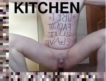 LanaTuls - Obedient Fag Riding a Big Dildo on the Kitchen. Clit Locked in Small Chastity.