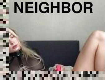 The blonde got turned on by her neighbors' moans and jerked off with a toy