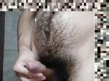 Male self pee in the shower with soap in ass, jack off his monster cock