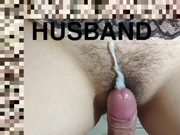 behåret, fisse-pussy, kone, hjemmelavet, par, ægtemand, sperm, knepning-fucking, brunette