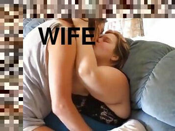 esposa, lesbiana, casero, pareja, besando, chupando
