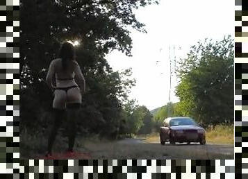 Public flashing, hotwife Ella lets her dress fall off when a car drives by - EllaExhib