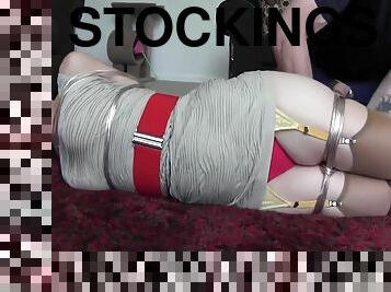 store-pupper, bdsm, strømper-stockings, fetisj, bondage, brunette, høye-heler