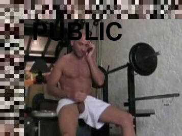 public, énorme-bite, gay, point-de-vue, musclé, minet, tatouage, bite, dure