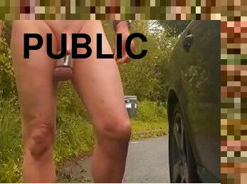 Slow striptease in public , pee erect, cock pumped