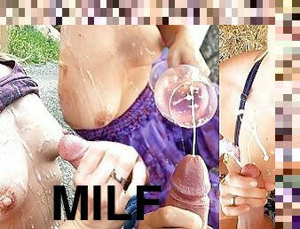 gros-nichons, énorme, en-plein-air, public, amateur, fellation, ejaculation-sur-le-corps, énorme-bite, milf, branlette