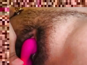 Tight hairy pussy masturbating with vibrator