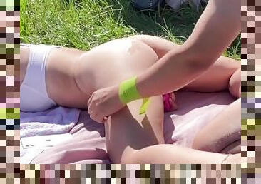 German Couple He licks her Vibrator with Finger in the Ass and fucks her afterwards Outside