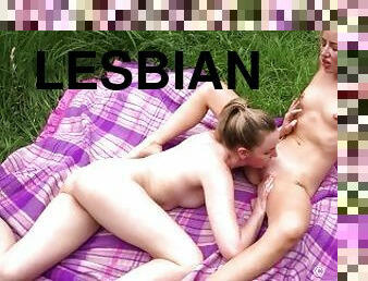 Hot lesbian blonde babes enjoy pussy licking and anal rimming in the backyard
