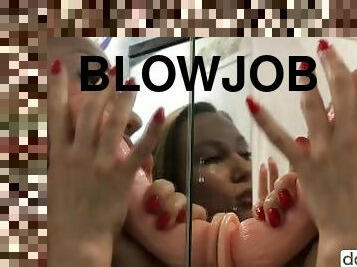 Red nails woman trains blowjob in the bathroom