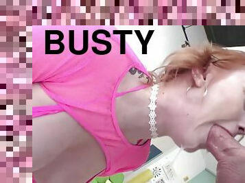 Busty Redhead Daisy Rae goes to work - POV deepthroat blowjob and handjob