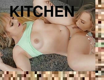 Mia Molotov and Aria Banks licking in the kitchen